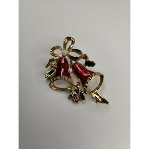 Vintage Enamel Christmas Bells Faux Pearls Holly Brooch Pin Gold Tone